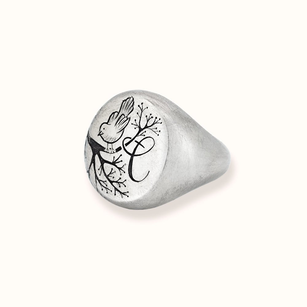 Anello sigillo con C e uccellino - Grete Schieder - art and jewelry