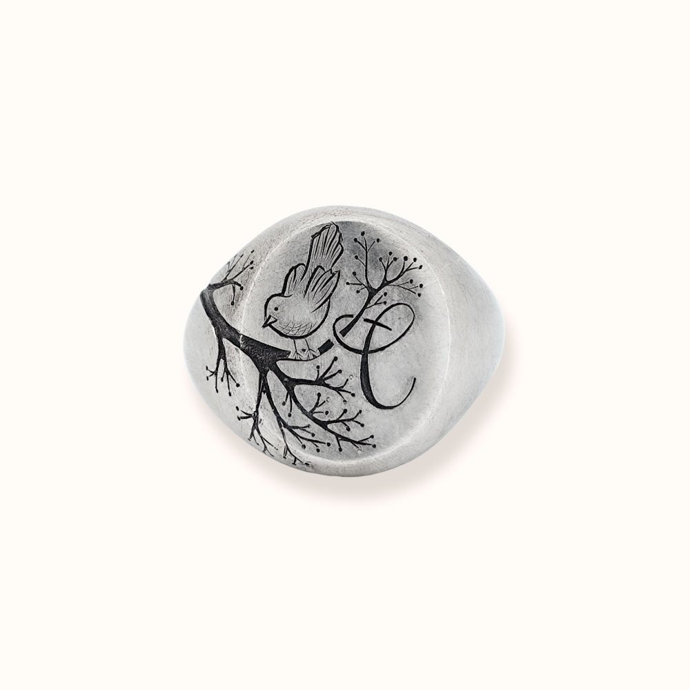 Anello sigillo con C e uccellino - Grete Schieder - art and jewelry